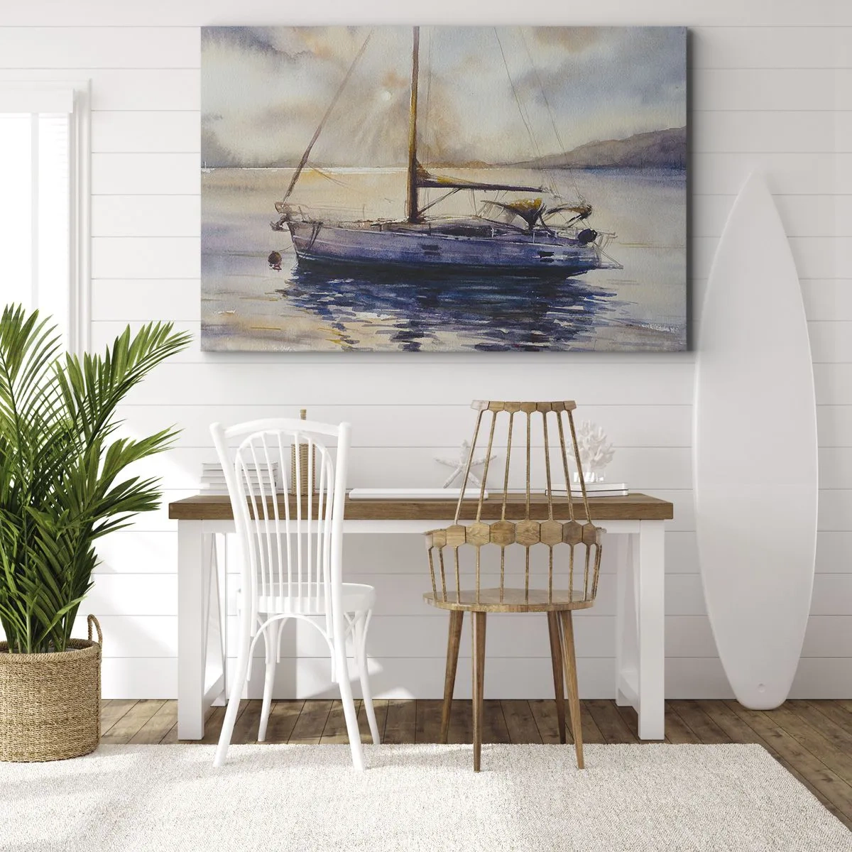 Cuadro sobre lienzo - Impresión de Imagen - Un yate en un mar tranquilo al atardecer. - 70x50cm - Atardecer en la bahía - Decoración de pared moderna para salón y dormitorio ARTTOR