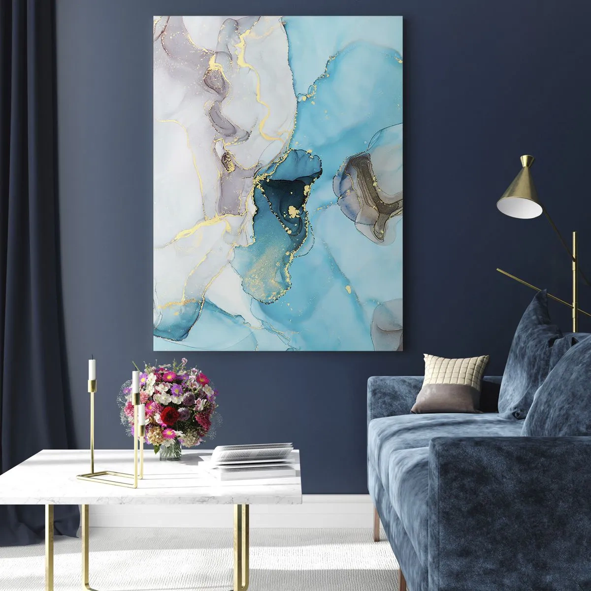 Cuadro sobre vidrio - Impresiones sobre Vidrio - Abstracción en tonos azules y dorados con líneas sutiles. - 80x120cm - Un estudio del encuentro entre el gris y el turquesa - Decoración de pared moderna para salón y dormitorio ARTTOR