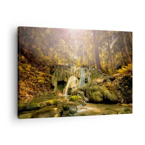 Cuadro sobre lienzo - Impresión de Imagen - Una cascada forestal bajo los rayos del sol, rodeada de vegetación. - 70x50cm - Cascada forestal en verde - Decoración de pared moderna para salón y dormitorio ARTTOR