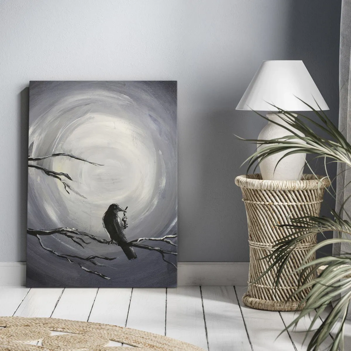 Cuadro sobre lienzo - Impresión de Imagen - Pájaro negro en una rama a la luz de la luna - 50x70cm - La clave del misterio de la noche - Decoración de pared moderna para salón y dormitorio ARTTOR