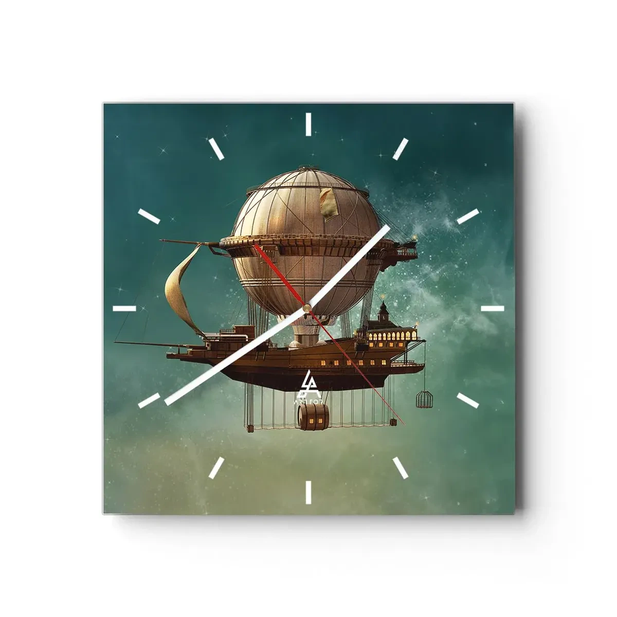 Reloj de pared - Reloj de vidrio - Un dirigible fantástico contra el cielo verdoso. - 30x30cm - Julio Verne saluda - Decoración de pared moderna para salón y dormitorio ARTTOR