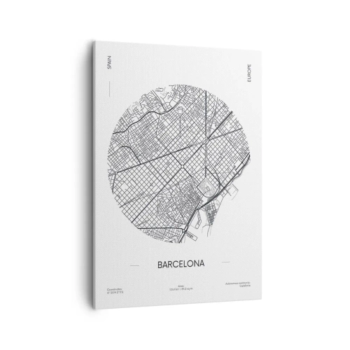 Cuadro sobre lienzo - Impresión de Imagen - Un mapa de Barcelona en estilo minimalista en blanco y negro - 50x70cm - Anatomía de Barcelona - Decoración de pared moderna para salón y dormitorio ARTTOR