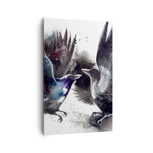 Cuadro sobre lienzo - Impresión de Imagen - Cuervos artísticos en una composición dinámica de acuarela. - 80x120cm - De cuervo a cuervo... - Decoración de pared moderna para salón y dormitorio ARTTOR