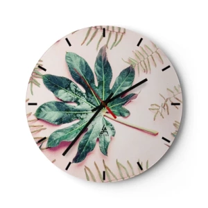 Reloj de pared - Reloj de vidrio - Una gran hoja verde sobre un fondo rosa claro con detalles florales. - 30x30cm - Estudio de vegetación sobre fondo rosa - Decoración de pared moderna para salón, cocina y dormitorio ARTTOR