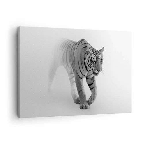 Cuadro sobre lienzo - Impresión de Imagen - Un tigre emergiendo de la niebla. - 70x50cm - Siempre alerta entre la niebla - Decoración de pared moderna para salón y dormitorio ARTTOR