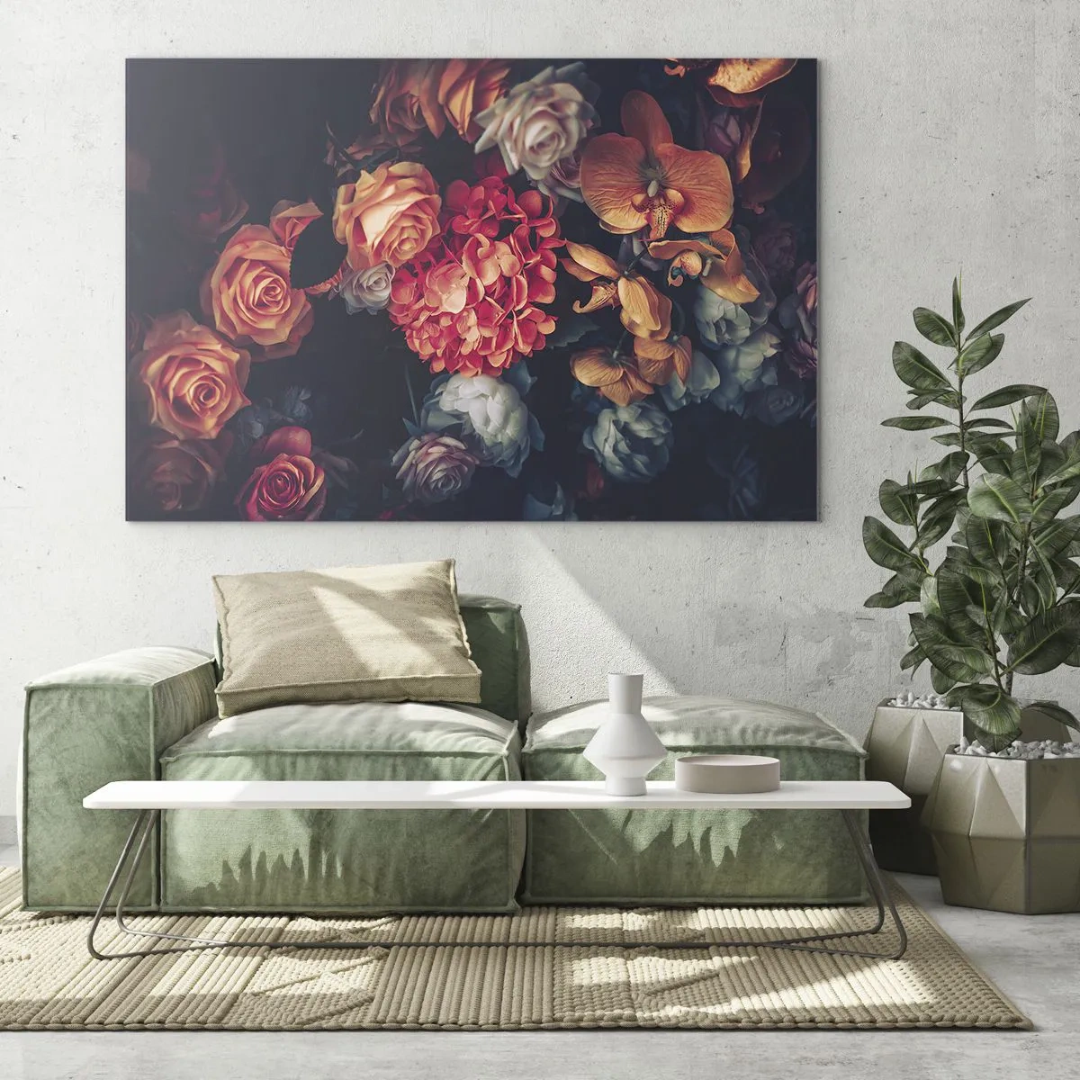 Cuadro sobre vidrio - Impresiones sobre Vidrio - Arreglo floral oscuro con rosas y orquídeas. - 120x80cm - Como los maestros holandeses - Decoración de pared moderna para salón y dormitorio ARTTOR