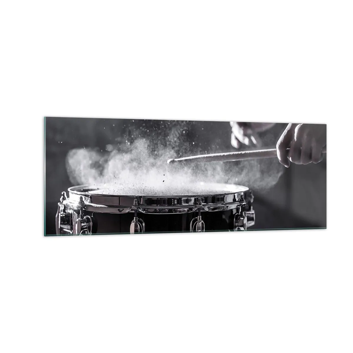 Cuadro sobre vidrio - Impresiones sobre Vidrio - Golpear el tambor con baquetas con efecto de polvo - 140x50cm - El pulso de la música - Decoración de pared moderna para salón y dormitorio ARTTOR