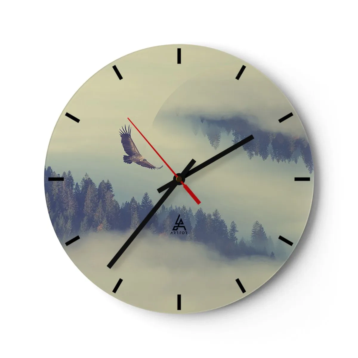 Reloj de pared - Reloj de vidrio - Un águila vuela sobre el bosque en la niebla de la mañana. - 30x30cm - Vi la sombra de un águila - Decoración de pared moderna para salón, cocina y dormitorio ARTTOR