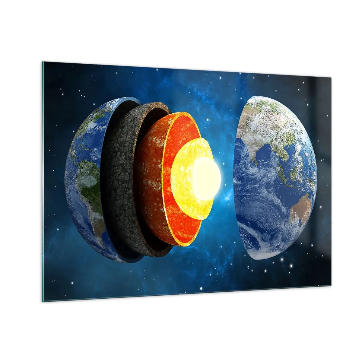 Cuadro sobre vidrio - Impresiones sobre Vidrio - Una sección transversal de la Tierra que muestra sus capas contra el fondo del espacio. - 100x70cm - Una expedición a las entrañas de la Tierra - Decoración de pared moderna para salón y dormitorio ARTTOR