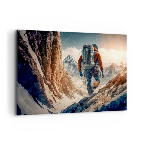Cuadro sobre lienzo - Impresión de Imagen - Un escalador en un sendero de montaña en un paisaje invernal. - 100x70cm - Guerrero solitario - Decoración de pared moderna para salón y dormitorio ARTTOR