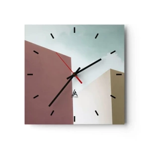 Reloj de pared - Reloj de vidrio - Arquitectura minimalista con bloques pastel y cielo. - 30x30cm - Geometría de un verano soleado - Decoración de pared moderna para salón y dormitorio ARTTOR