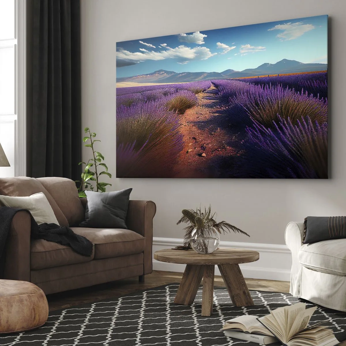Cuadro sobre lienzo - Impresión de Imagen - Un campo de lavanda con vistas a las montañas y al cielo azul. - 120x80cm - Campos fragantes - Decoración de pared moderna para salón y dormitorio ARTTOR