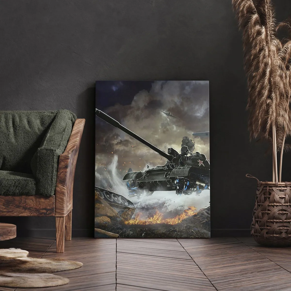 Cuadro sobre lienzo - Impresión de Imagen - Escena de batalla con tanques y aviones al fondo. - 80x120cm - La batalla es terrible y hermosa - Decoración de pared moderna para salón y dormitorio ARTTOR