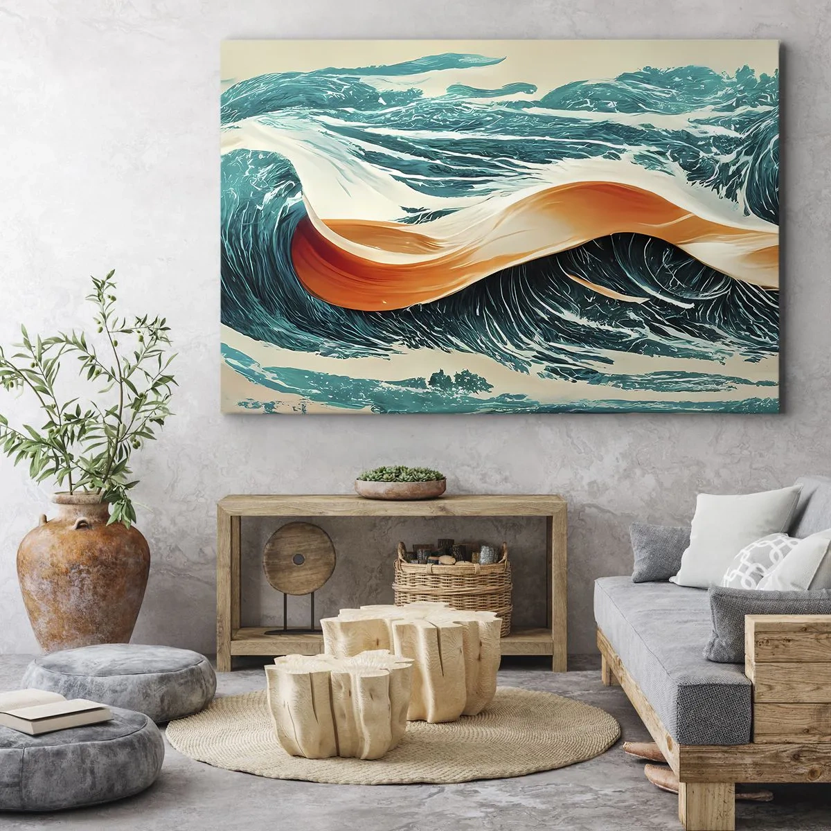 Cuadro sobre lienzo - Impresión de Imagen - Olas marinas dinámicas con cinta abstracta - 70x50cm - El sueño de un surfista - Decoración de pared moderna para salón y dormitorio ARTTOR