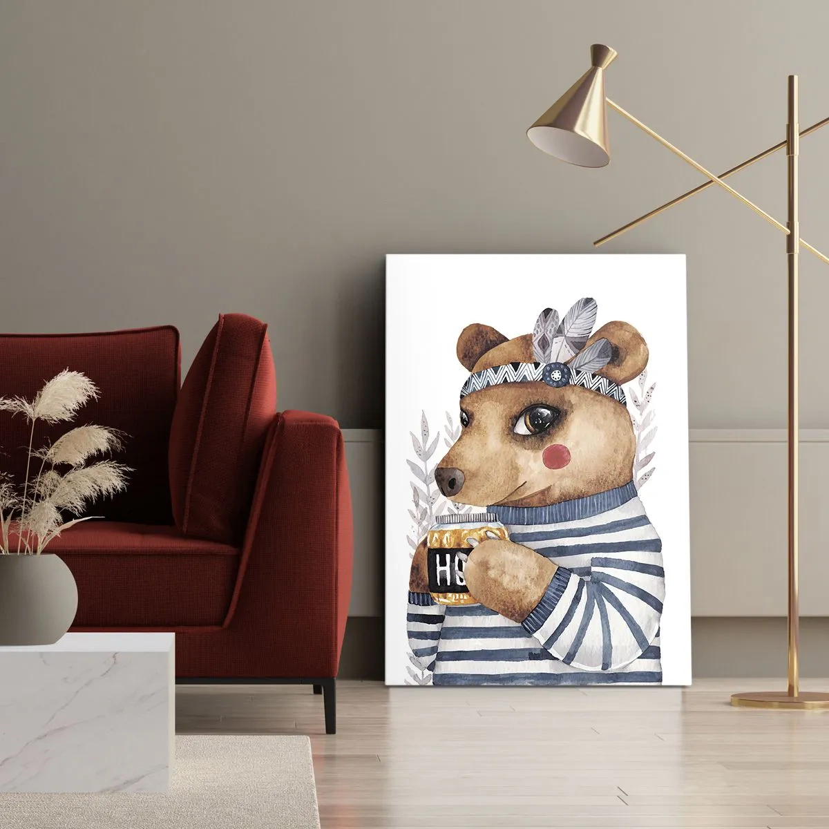 Cuadro sobre lienzo - Impresión de Imagen - Un osito de peluche con un suéter de rayas y una taza de miel. - 50x70cm - Dulce oso - Decoración de pared moderna para salón y dormitorio ARTTOR