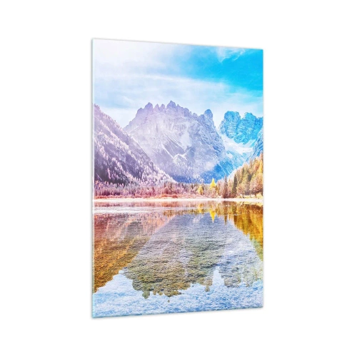 Cuadro sobre vidrio - Impresiones sobre Vidrio - Paisaje otoñal de montaña con un lago - 70x100cm - Ya es otoño en las montañas - Decoración de pared moderna para salón y dormitorio ARTTOR