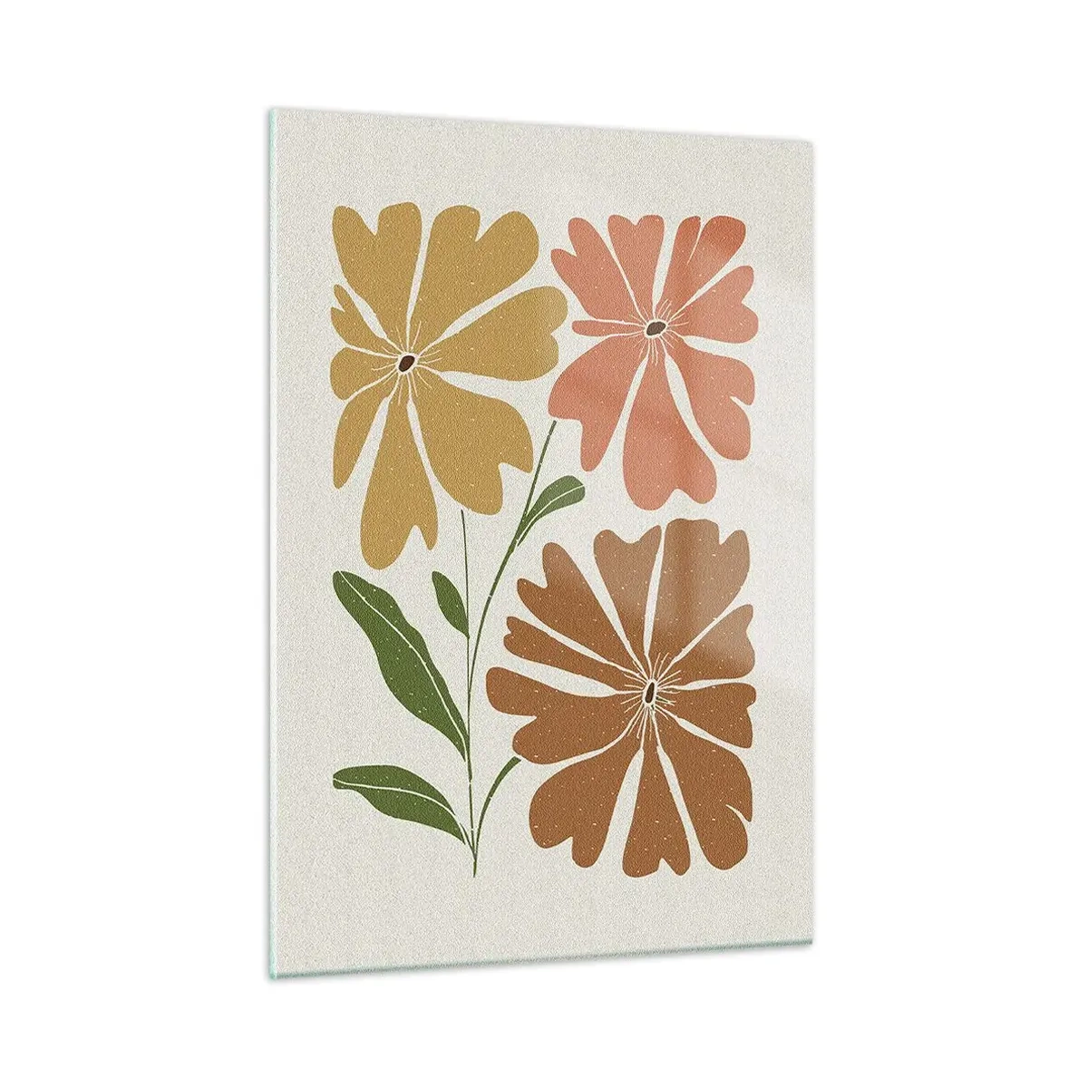 Cuadro sobre vidrio - Impresiones sobre Vidrio - Tres flores estilizadas en colores cálidos sobre un fondo claro. - 50x70cm - Naturaleza y geometría - Decoración de pared moderna para salón y dormitorio ARTTOR