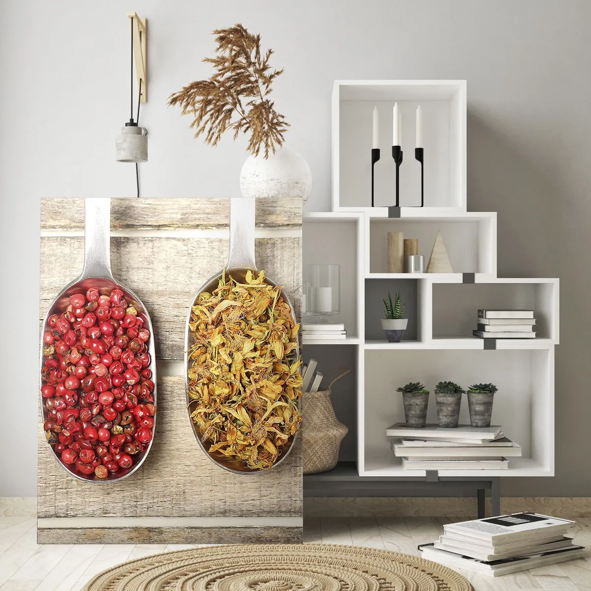 Cuadro sobre vidrio - Impresiones sobre Vidrio - Tres cucharas de metal con especias sobre un fondo de madera. - 80x120cm - La magia de la cocina - Decoración de pared moderna para salón y dormitorio ARTTOR