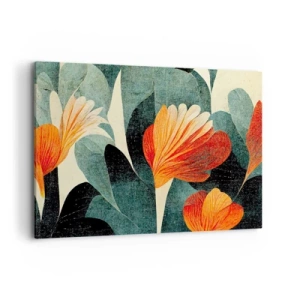 Cuadro sobre lienzo - Impresión de Imagen - Flores en tonos intensos de naranja y verde. - 120x80cm - El calor del trópico y el frescor del verdor - Decoración de pared moderna para salón y dormitorio ARTTOR