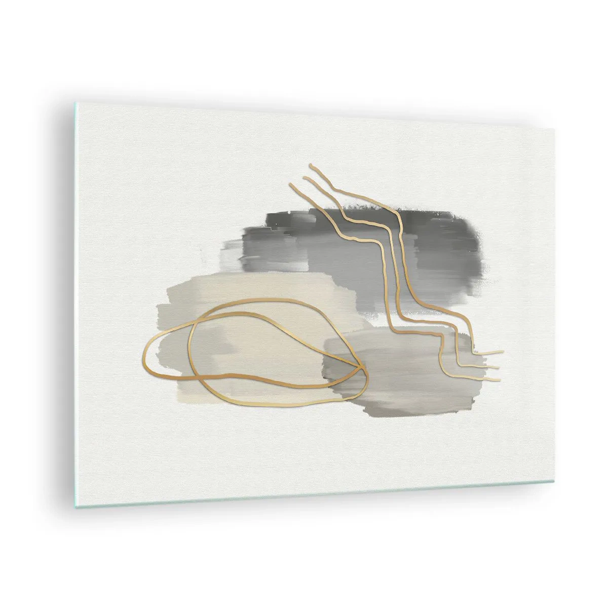 Cuadro sobre vidrio - Impresiones sobre Vidrio - Abstracción con manchas grises y líneas doradas sobre un fondo claro. - 70x50cm - Persistencia y movimiento - Decoración de pared moderna para salón y dormitorio ARTTOR