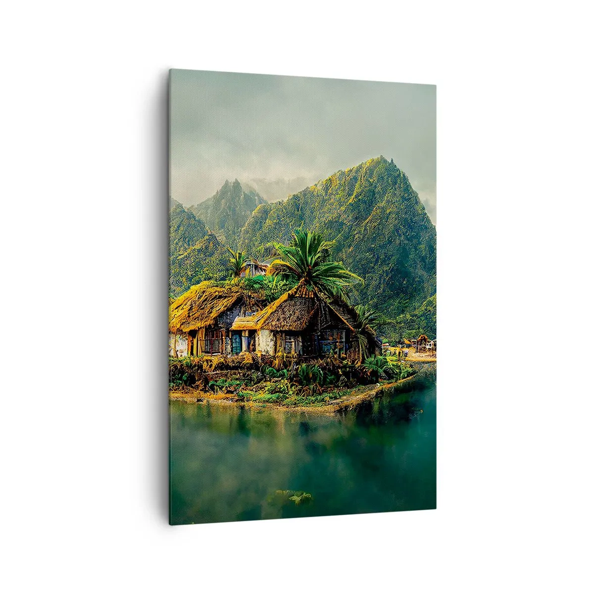 Cuadro sobre lienzo - Impresión de Imagen - Una isla tropical con palmeras y montañas al fondo. - 80x120cm - Paraíso tropical - Decoración de pared moderna para salón y dormitorio ARTTOR