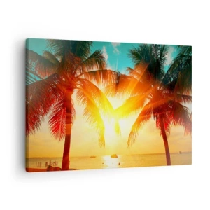 Cuadro sobre lienzo - Impresión de Imagen - Palmeras iluminadas por la cálida luz del sol poniente - 70x50cm - Pareja exótica - Decoración de pared moderna para salón y dormitorio ARTTOR