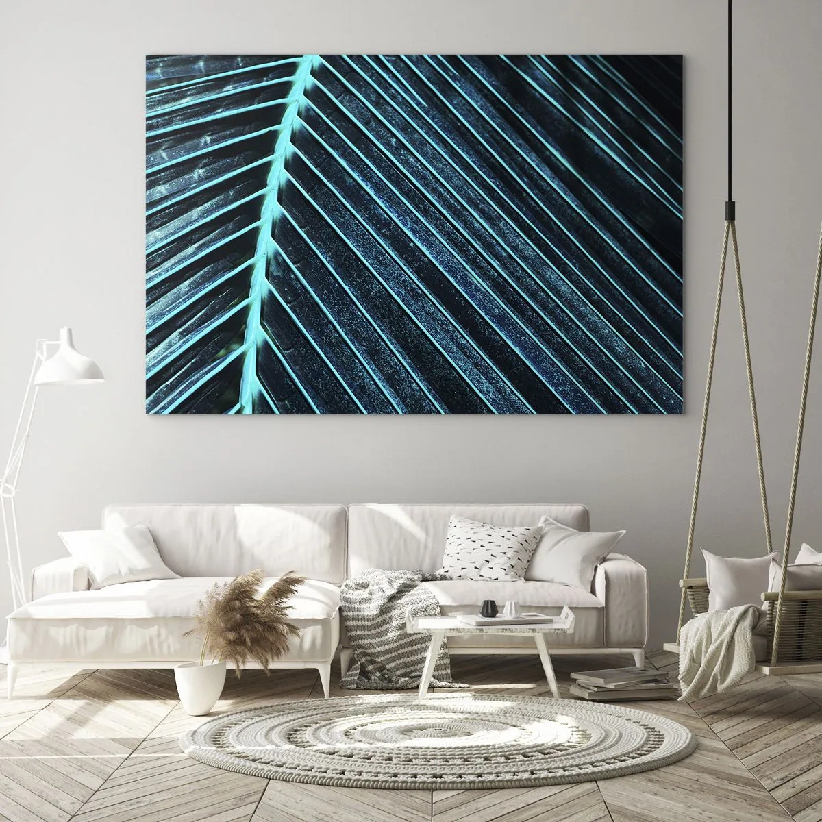 Cuadro sobre vidrio - Impresiones sobre Vidrio - Fotografía macro de una hoja de palma en tonos turquesa. - 120x80cm - La textura del verde - Decoración de pared moderna para salón y dormitorio ARTTOR