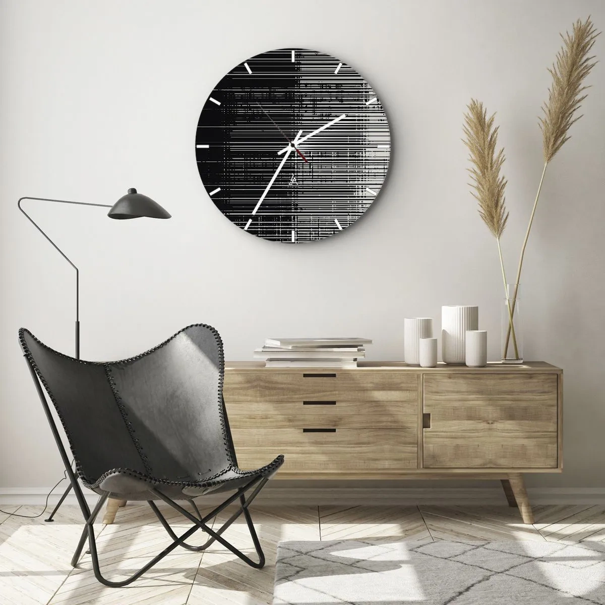 Reloj de pared - Reloj de vidrio - Rayas blancas y negras que crean el efecto de ondas y vibraciones. - 30x30cm - Ondas y vibraciones - Decoración de pared moderna para salón, cocina y dormitorio ARTTOR