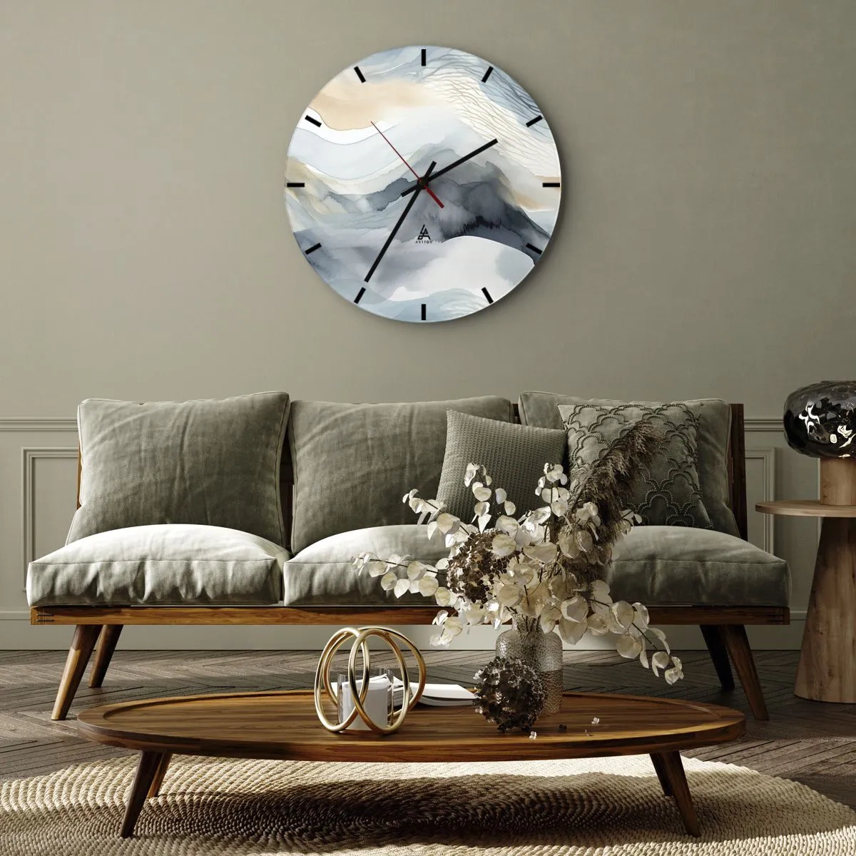 Reloj de pared - Reloj de vidrio - Paisaje abstracto en tonos azules y beige. - 30x30cm - Abstracción de nieve y niebla - Decoración de pared moderna para salón, cocina y dormitorio ARTTOR