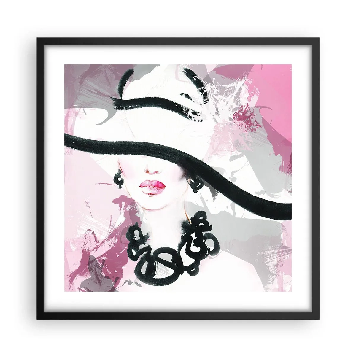Póster en marco negro - Retrato de una dama en negro y rosa - 50x50 cm