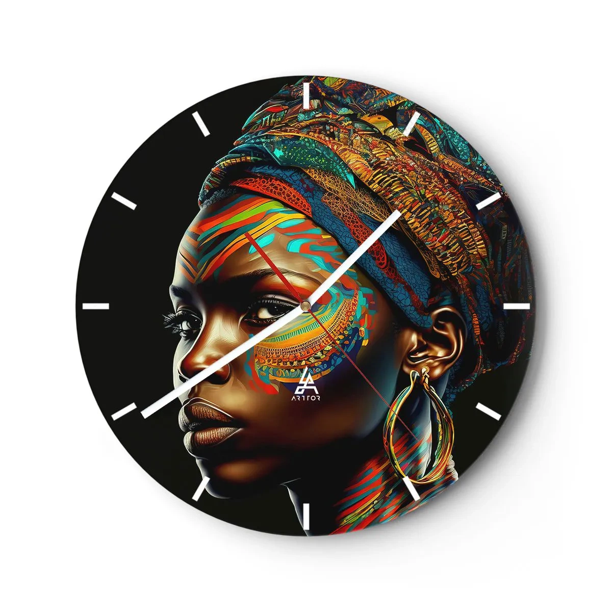 Reloj de pared - Reloj de vidrio - Retrato en color de una mujer con turbante sobre un fondo negro. - 30x30cm - Reina africana - Decoración de pared moderna para salón, cocina y dormitorio ARTTOR