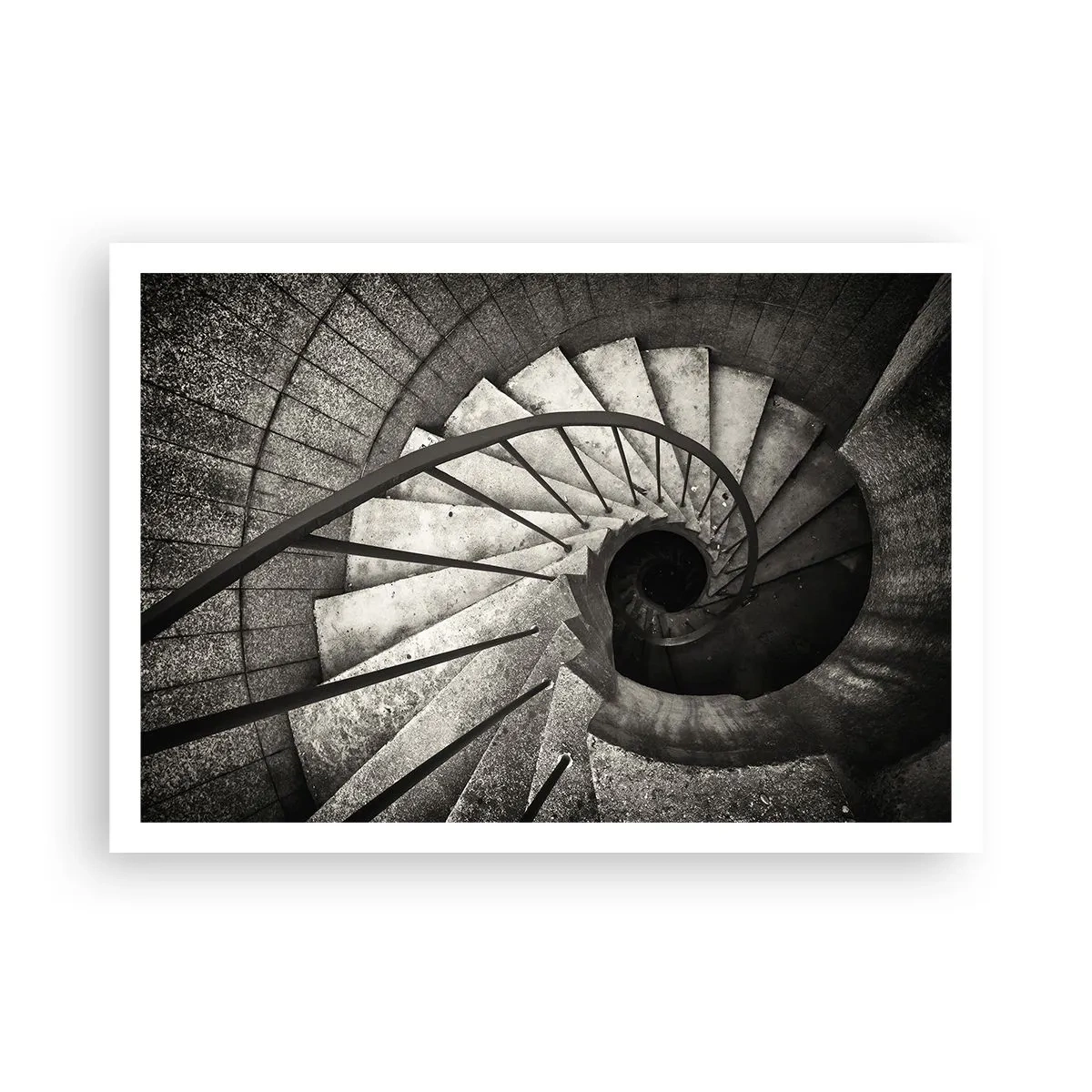 Póster - Escalera de caracol en blanco y negro de estilo moderno. - 100x70cm - Escaleras arriba, escaleras abajo - Decoración de pared moderna para salón y dormitorio ARTTOR