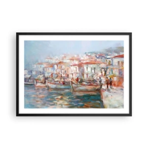 Póster en marco negro - Impresión portuaria con barcos y edificios - 70x50cm - Vacaciones en colores pastel - Decoración de pared moderna para salón y dormitorio ARTTOR