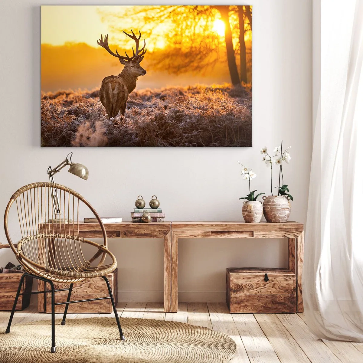 Cuadro sobre lienzo - Impresión de Imagen - Un ciervo con el telón de fondo de un bosque otoñal iluminado por el sol dorado. - 70x50cm - Rey del bosque de otoño - Decoración de pared moderna para salón y dormitorio ARTTOR