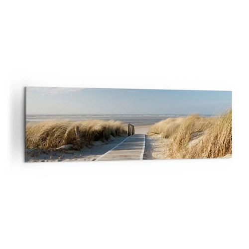 Cuadro sobre lienzo - Impresión de Imagen - Un camino de madera conduce a través de las dunas hasta el mar en calma. - 160x50cm - Más allá de la duna, en el susurro de la naturaleza - Decoración de pared moderna para salón y dormitorio ARTTOR