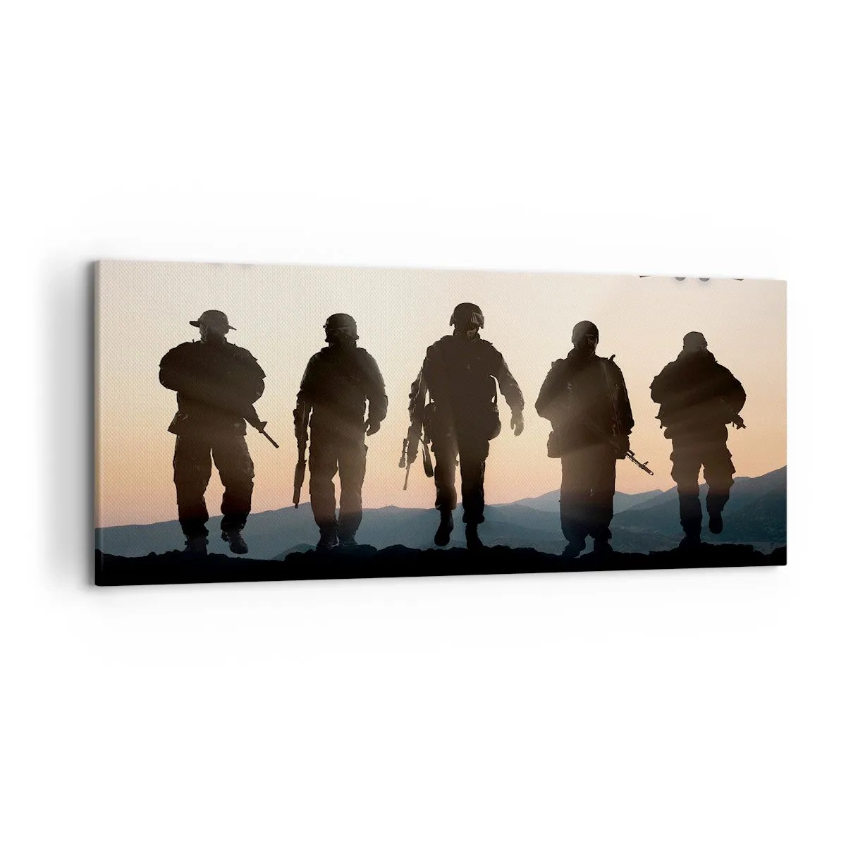 Cuadro sobre lienzo - Impresión de Imagen - Siluetas de soldados y aviones de combate contra el fondo del atardecer. - 120x50cm - Bienvenido a nuestro mundo - Decoración de pared moderna para salón y dormitorio ARTTOR