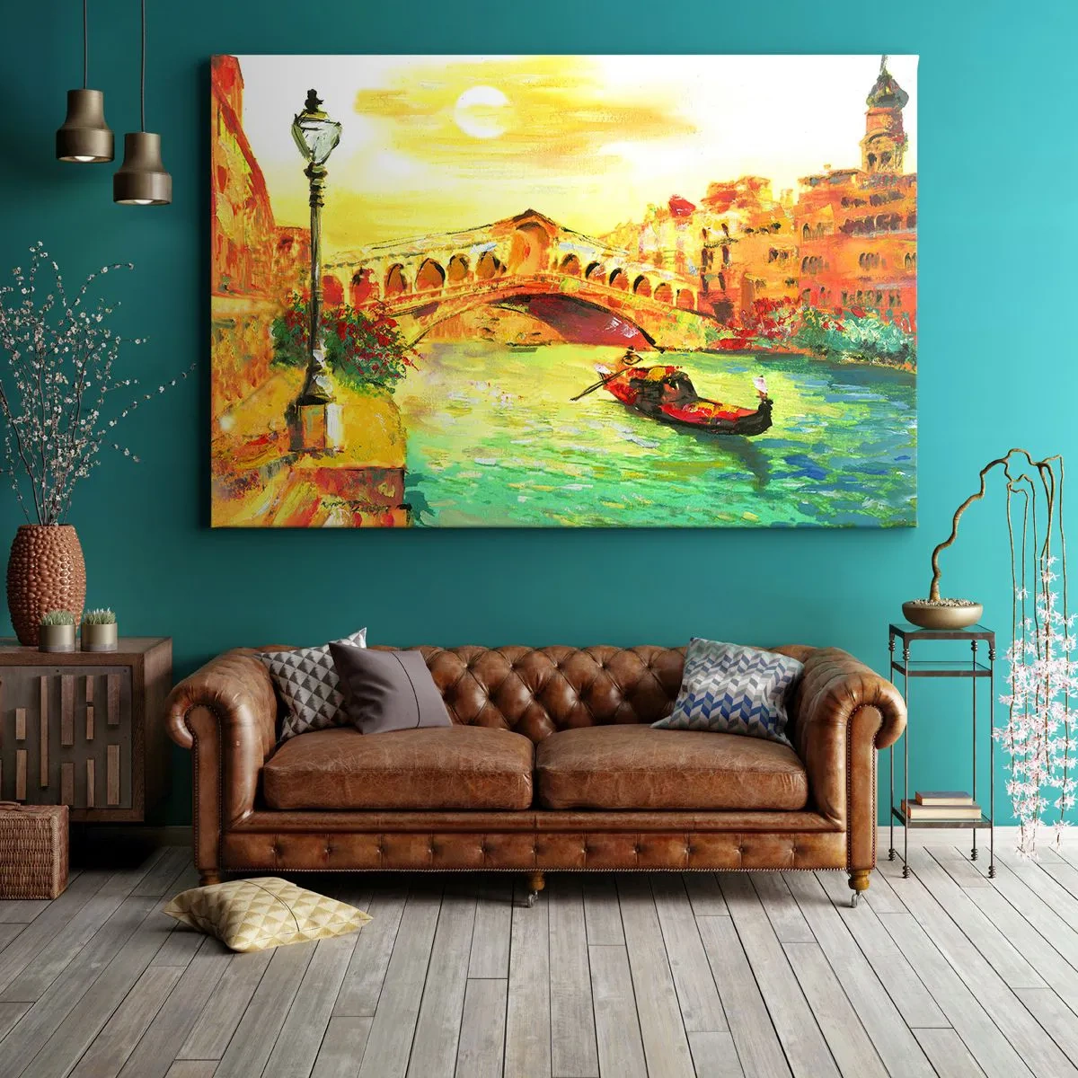 Cuadro sobre lienzo - Impresión de Imagen - Un pintoresco puente sobre el canal con una góndola a la luz del sol poniente. - 70x50cm - Peregrinación de los amantes - Decoración de pared moderna para salón y dormitorio ARTTOR