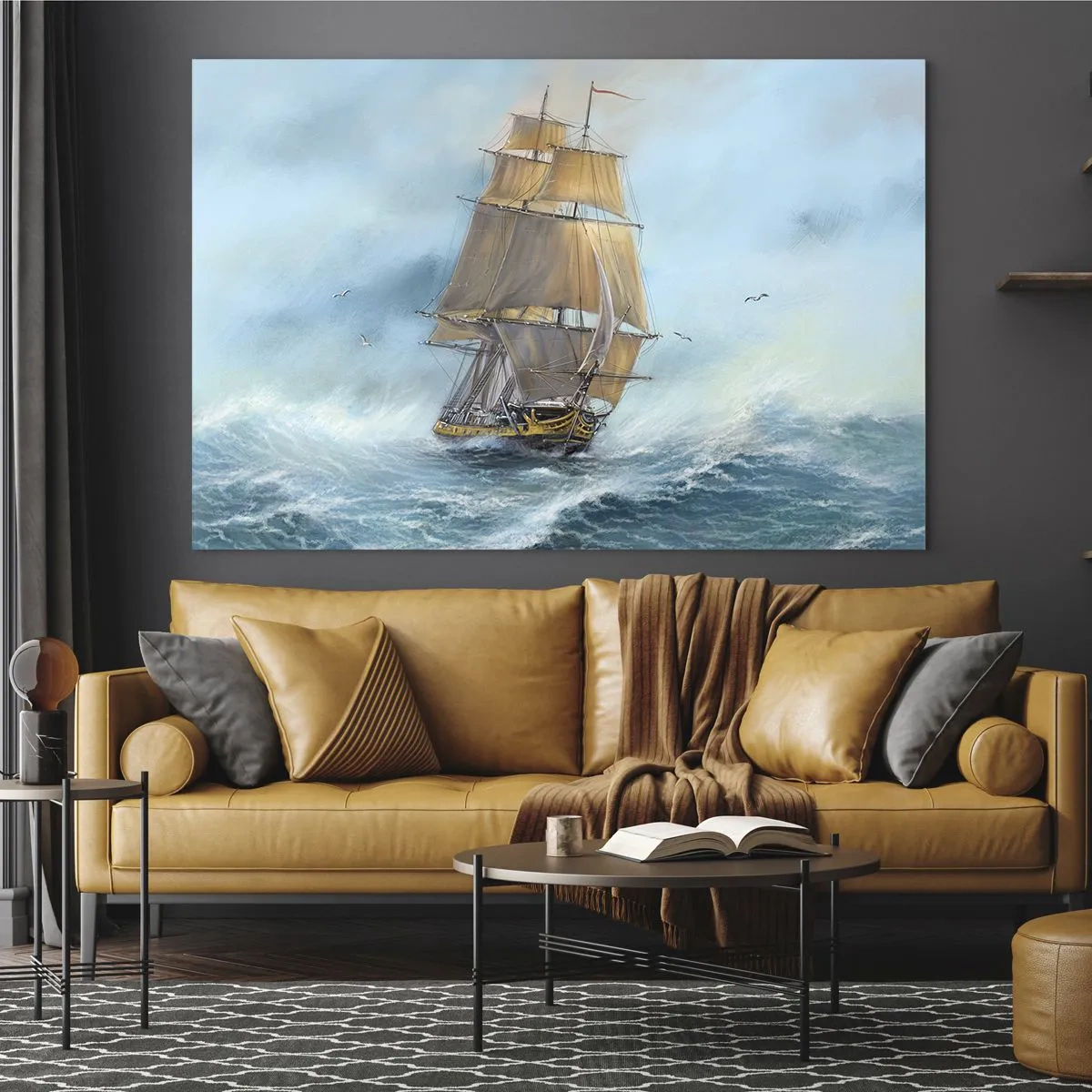Cuadro sobre vidrio - Impresiones sobre Vidrio - Un velero en un mar tempestuoso en estilo pictórico. - 70x50cm - Surcando las olas - Decoración de pared moderna para salón y dormitorio ARTTOR