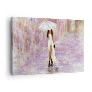 Cuadro sobre lienzo - Impresión de Imagen - Una mujer con paraguas caminando bajo la lluvia en tonos lilas - 70x50cm - En la lluvia de lilas - Decoración de pared moderna para salón y dormitorio ARTTOR