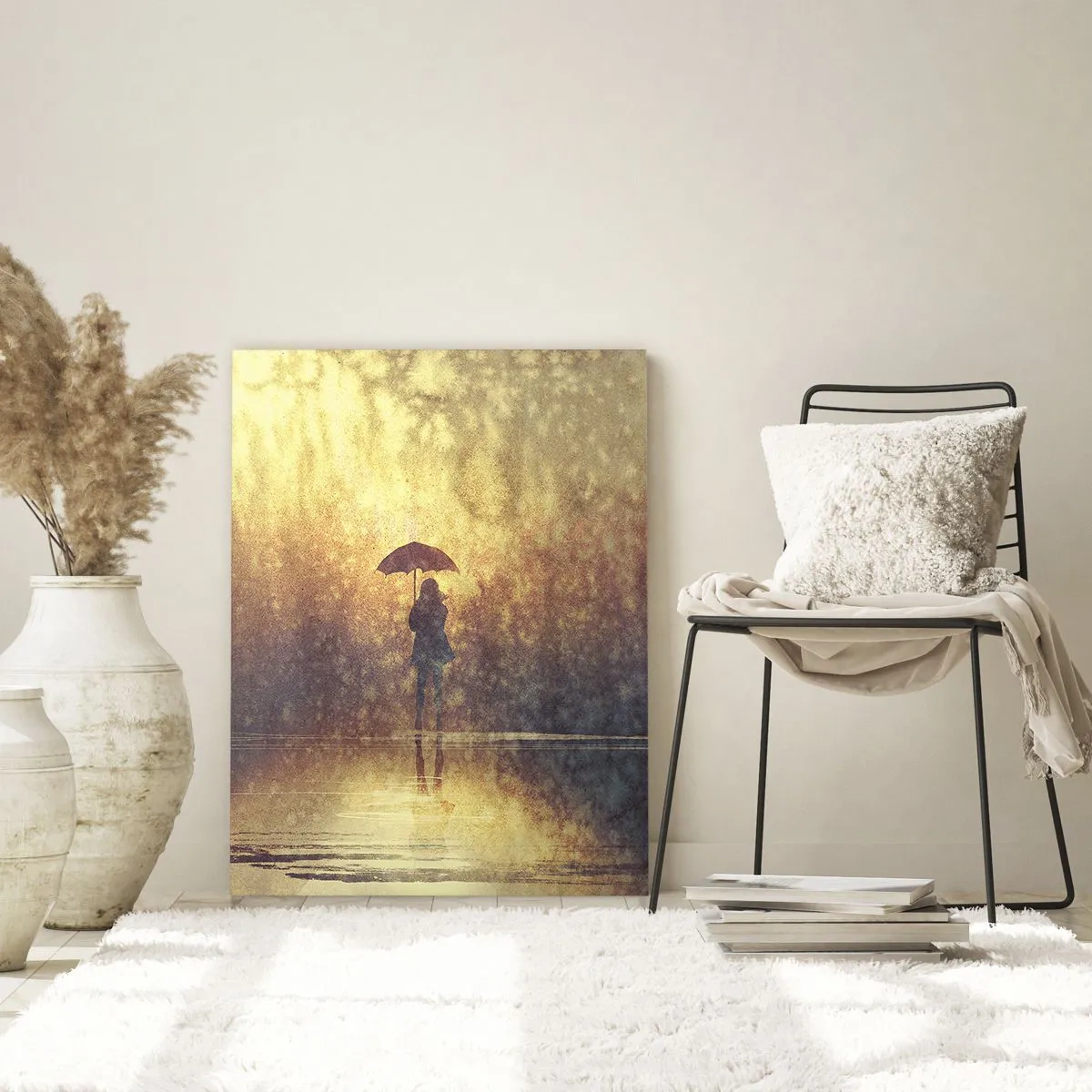 Cuadro sobre vidrio - Impresiones sobre Vidrio - Una figura con un paraguas a la luz del sol poniente y la lluvia. - 50x70cm - Siento que alguien me mira - Decoración de pared moderna para salón y dormitorio ARTTOR