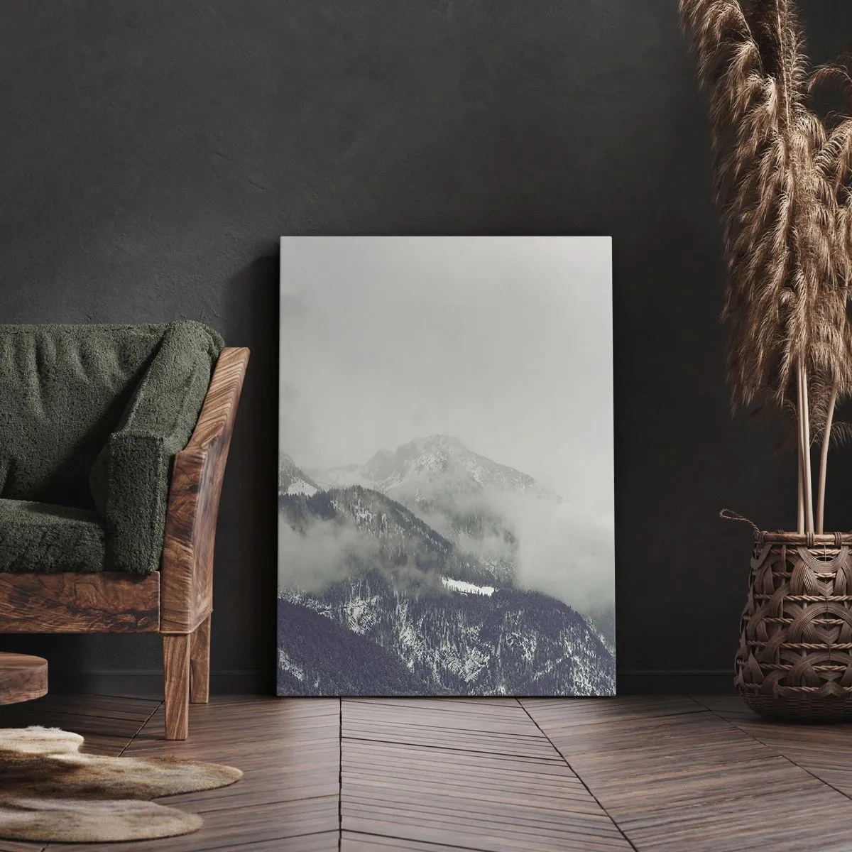 Cuadro sobre lienzo - Impresión de Imagen - Un valle de montaña envuelto en niebla en tonos grises. - 50x70cm - Valle de la niebla - Decoración de pared moderna para salón y dormitorio ARTTOR