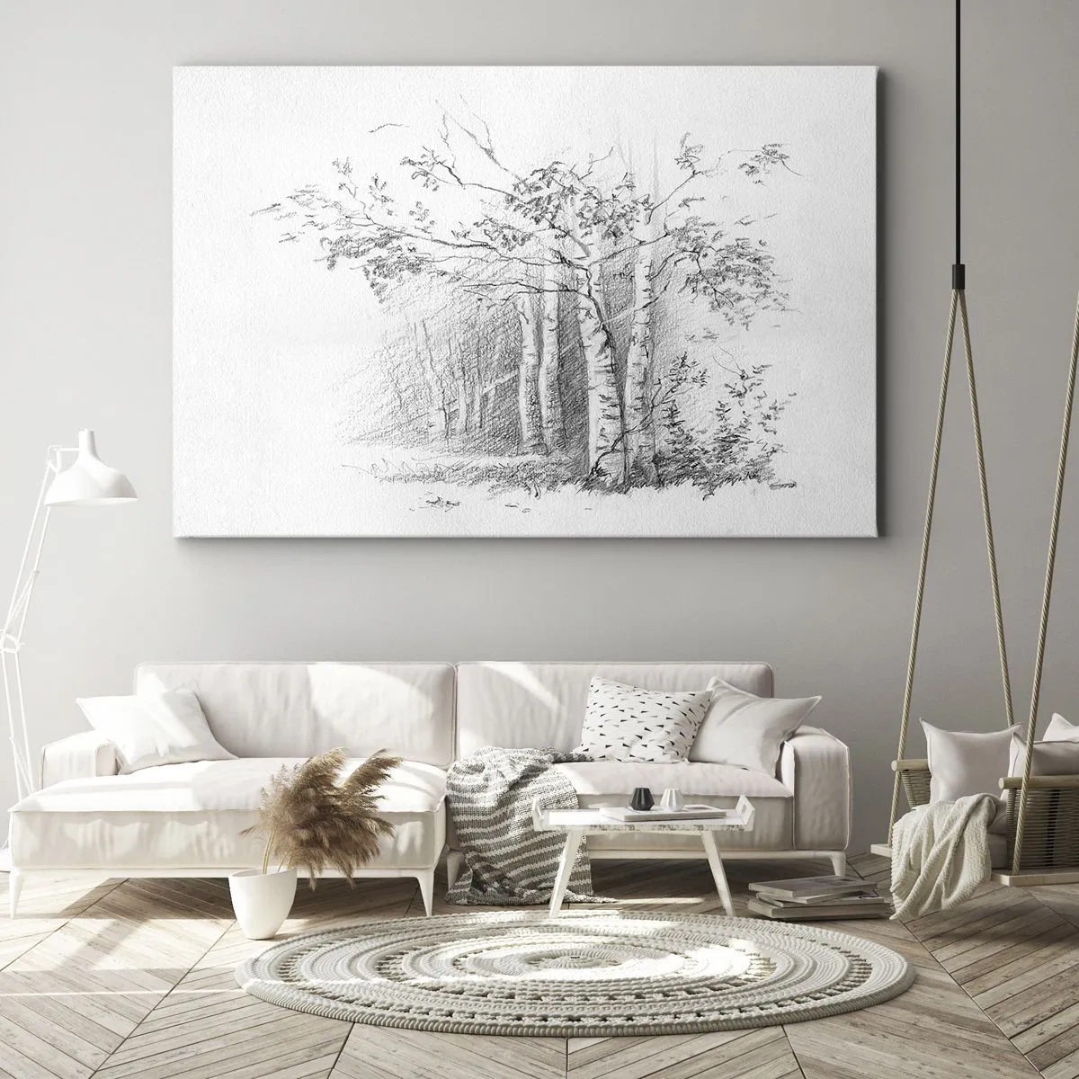 Cuadro sobre lienzo - Impresión de Imagen - Un dibujo de un bosque de abedules en un sutil boceto a lápiz. - 70x50cm - La luz de un bosque de abedules - Decoración de pared moderna para salón y dormitorio ARTTOR