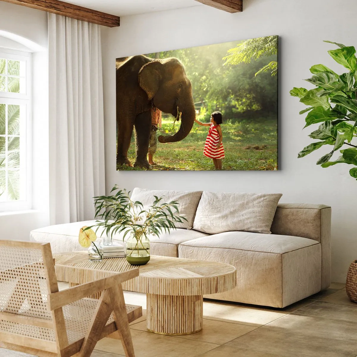 Cuadro sobre lienzo - Impresión de Imagen - Una niña con un vestido rojo tocando un elefante en el bosque. - 70x50cm - El poder de la amistad - Decoración de pared moderna para salón y dormitorio ARTTOR