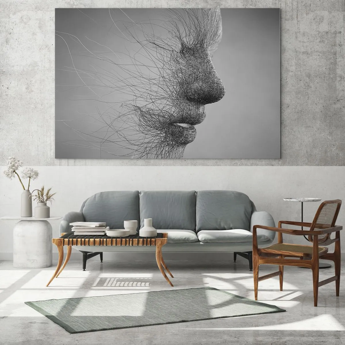 Cuadro sobre vidrio - Impresiones sobre Vidrio - Perfil de rostro abstracto en blanco y negro con líneas - 70x50cm - Espíritu del viento - Decoración de pared moderna para salón y dormitorio ARTTOR