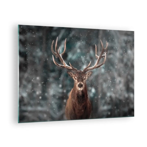 Cuadro sobre vidrio - Impresiones sobre Vidrio - Un ciervo orgulloso en un bosque invernal en medio de la nieve que cae. - 70x50cm - Coronado rey del bosque - Decoración de pared moderna para salón y dormitorio ARTTOR