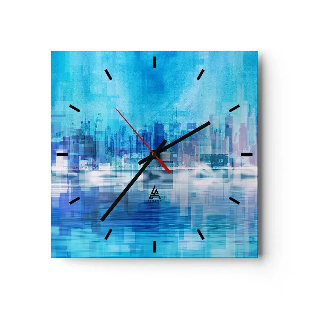 Reloj de pared - Reloj de vidrio - Panorama abstracto de la ciudad en tonos azules - 30x30cm - La urbe azul - Decoración de pared moderna para salón y dormitorio ARTTOR