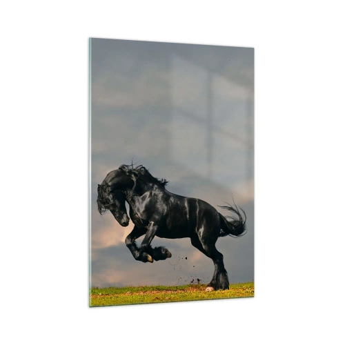 Cuadro sobre vidrio - Impresiones sobre Vidrio - Un caballo oscuro en un salto dinámico contra el cielo. - 70x100cm - Hermoso y libre - Decoración de pared moderna para salón y dormitorio ARTTOR