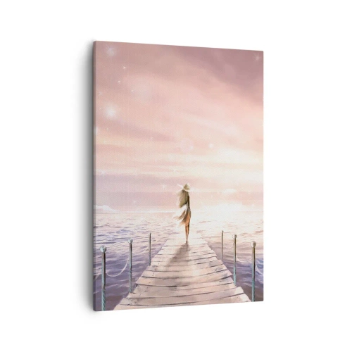 Cuadro sobre lienzo - Impresión de Imagen - Una mujer en un embarcadero en un entorno mágico de puesta de sol. - 50x70cm - A la luz de un sueño - Decoración de pared moderna para salón y dormitorio ARTTOR