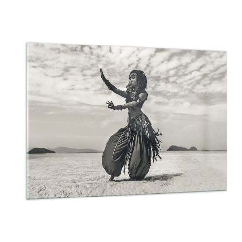 Cuadro sobre vidrio - Impresiones sobre Vidrio - Fotografía en blanco y negro de una bailarina en el desierto. - 120x80cm - Danza de las Islas del Sur - Decoración de pared moderna para salón y dormitorio ARTTOR
