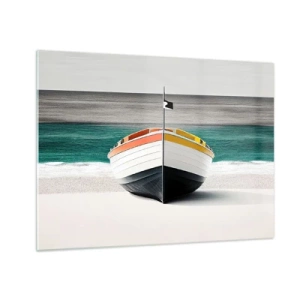Cuadro sobre vidrio - Impresiones sobre Vidrio - Un barco colorido en la playa con un mar turquesa de fondo. - 70x50cm - En su lugar exacto - Decoración de pared moderna para salón y dormitorio ARTTOR